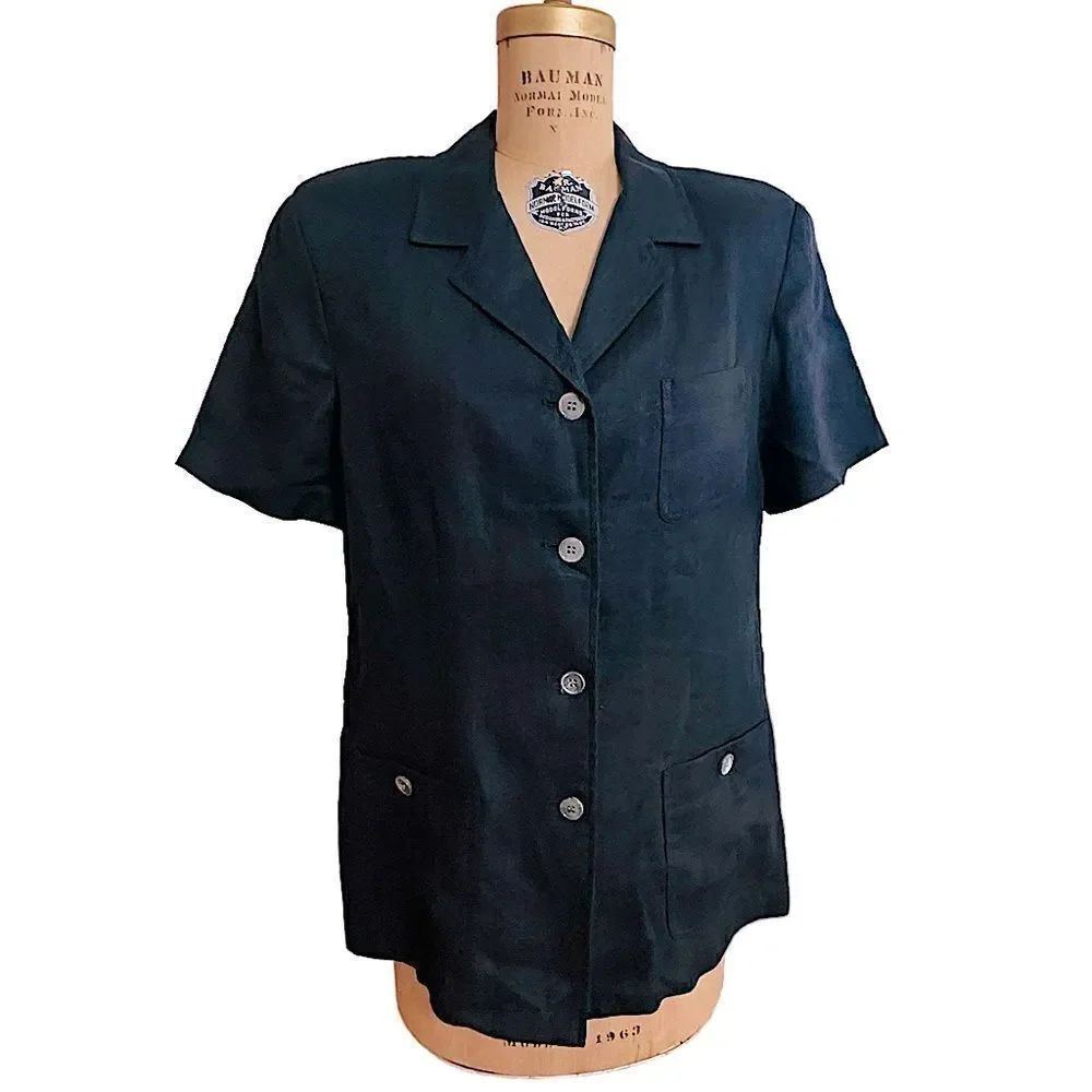 Vintage Talbots Black Linen Short Sleeved Summer Weight Blazer Jacket Size Large